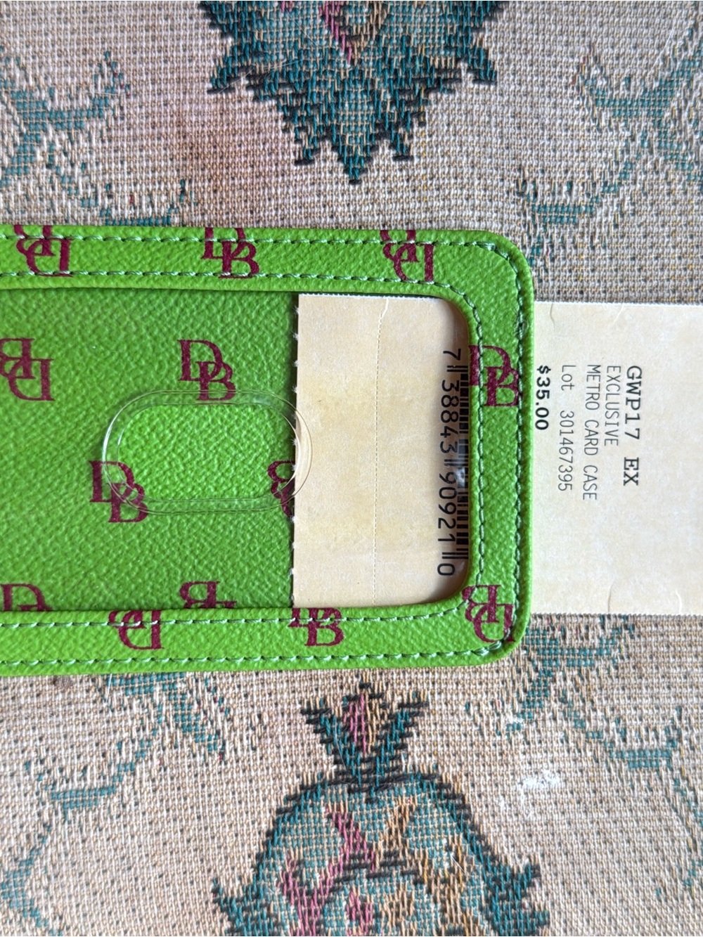 Dooney & Bourke Lime Green Card Slot Phone Wallet with Maroon DB Monogram